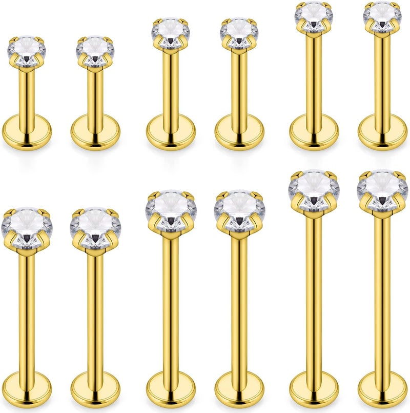 Ftovosyo 12Pcs 14G 16G Different Sizes Flat Back Stud Stainless Steel Labret Ashley Medusa Monroe Dimple Cheek Lip Rings Studs Piercing Jewelry for Women Men Bar Length 6mm-19mm - Image 1